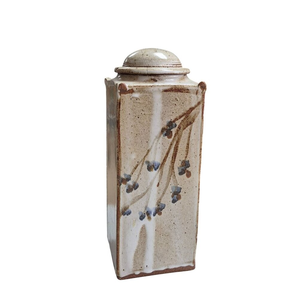 Heavy Stoneware Clay Urn Vase Rustic Floral Rectangular Brown & Beige Glaze - Picture 13 of 13